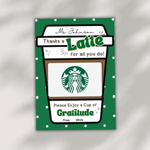 Porta-buoni regalo stampabili per il caffè di fine anno per insegnanti, regalo di ringraziamento per l'ultimo giorno di scuola, "Grazie Latte", tazza di gratitudine