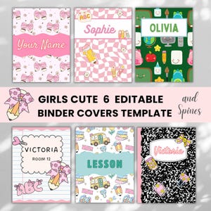 May include: Six editable binder covers and spines featuring various school-themed patterns including pink bows, wavy checkerboard, school supplies, lined paper, yellow school buses, and black and white composition notebook textures with text.