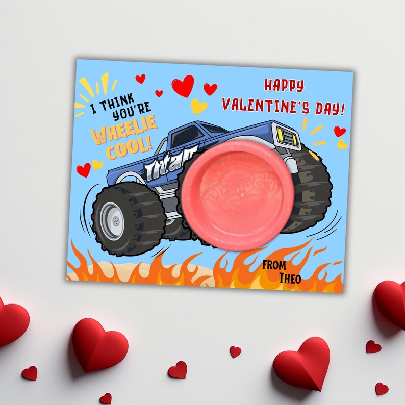 Monster Truck Playdoh Valentine Card, Printable Kids Classroom Exchange ...