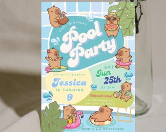 Capybara Pool Party Birthday Invitation, Editable Capy Pool Party Invite Template, Capybara Summer Birthday Invite, Swimming Party