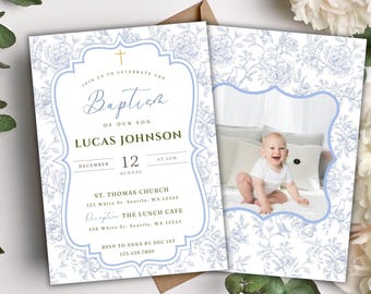 Plantilla editable para invitación de bautizo de niño, invitación imprimible con flores azules vintage, invitación con foto, invitación azul para bautizo