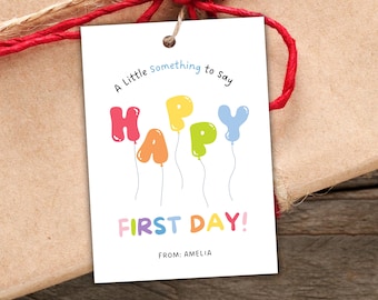 Colorful Balloon Happy First Day of School Gift Tag, Printable Simple Back to School Teacher Gift Label, Editable Classroom Gift Sticker