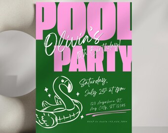 May include: A rectangular invitation card with a dark green background and large pink text reading POOL PARTY. It features white script text saying Olivia's 18th Birthday, Saturday, July 25th at 6pm, 123 Anywhere St., Any City, ST 12345, and RSVP to Katie 123.456.7890.