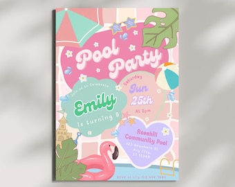 May include: A pastel-colored pool party invitation with the text "Pool Party" in a whimsical font. The invitation includes a flamingo, beach ball, and the text "Emily is turning 8" and event details.