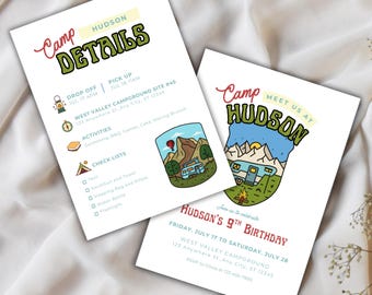 Camping Birthday Invitation Template, Editable Camper Party Invite, Camp details & Packing Checklist, Adventure Backyard Sleepover Birthday