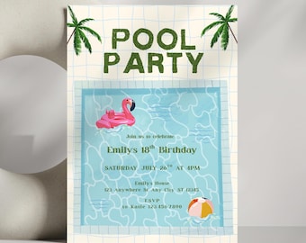 May include: A rectangular invitation card featuring a pool party theme with a grid background, green palm trees, and dark green text reading POOL PARTY. The center shows a blue pool with a pink flamingo float, a beach ball, and event details.