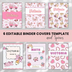 Editable Binder Covers and Spines for Girl, Personalised Binder Cover for Classroom, Take-Home Binder Folder, Pink Notebook Covers Templates