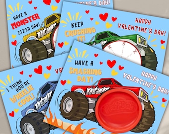 Monster Truck Playdoh Valentine Card, Printable Kids Classroom Exchange Template, Playdoh Holder, Non Candy School Friends Gift