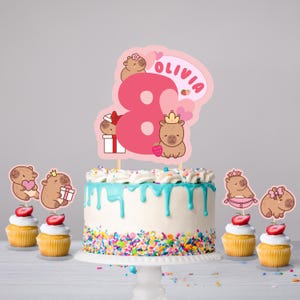 Capybara Geburtstagskuchendeckel für Mädchen, Capybara Geburtstagsparty Dekor, Capybara Cupcake Topper, Capybara Thema Geburtstagsparty