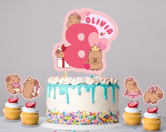 Adorno personalizado para tarta de cumpleaños de capibara para niñas, decoración imprimible para fiesta de cumpleaños de capibara, adorno para cupcakes de capibara.