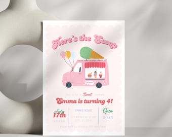 Editable Pink Ice Cream Truck Birthday Invitation Template, Here's the Scoop Girl Ice Cream Party Invite, Any Age Invite