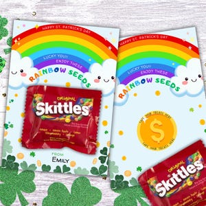St. Patrick's Day behandelt Karte für Kinder, bearbeitbare Schule St. Patrick's Day Party, druckbare Schulfreunde Süßigkeitenhalter, Regenbogensamenkarte