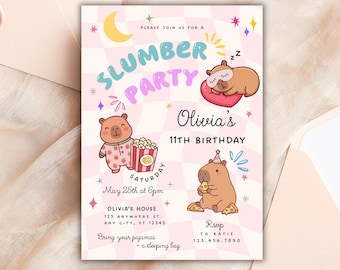 Capybara Slumber Party Birthday Invitation, Girls Sleepover CapyBirthday Pajama Party Digital Evite, Free Favor Tags