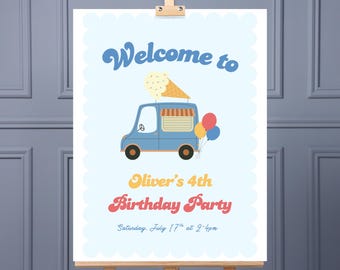 Editable Ice Cream Truck Birthday Party Welcome Sign Template (16x20" & 18x24"), Here's the Scoop Boy Ice Cream Party