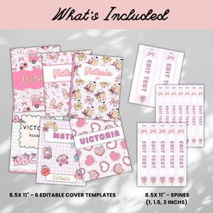 May include: A collection of pink and white editable cover templates and spines. The covers feature various patterns including bows, hearts, and pencils. The text "What's Included" is at the top. The spines are labeled "Edit Text".