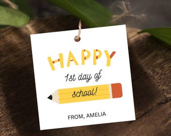 Happy First Day of School Gift Tag, Printable Simple Back to School Teacher Gift Label, Editable Classroom Gift Sticker