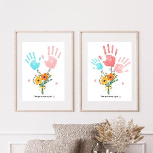 Arte de impressão de mão com flores para o Dia das Mães para imprimir, presente de arte de impressão de duas mãos faça você mesmo para o Dia das Mães, atividade de artesanato infantil para o Dia das Mães, presente para o Dia das Mães