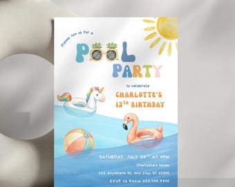 Pastel Pool Party Birthday Invitation, Editable Watercolor Beach Party Invite Template, Summer Beach Theme Birthday Invite, Swimming Party
