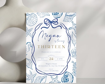 Blue Seashell Birthday Invitation, Editable Pool Party Invite Template, Summer Beach Theme Birthday Invite, Swimming Party
