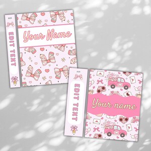 May include: Pink notebooks and bookmarks with a repeating pattern of bows, pencils, and hearts. The notebooks have a white banner with the text "Your Name". The bookmarks have the text "Edit Text".