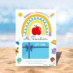 Tarjetero imprimible de fin de curso para profesores, regalo de agradecimiento para el último día de clases, tarjetero de feliz verano para profesores.