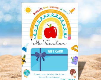 Portatarjetas de regalo imprimible para profesores de fin de año, regalo de agradecimiento para profesores en el último día de clases, portatarjetas de regalo de feliz verano para profesores.