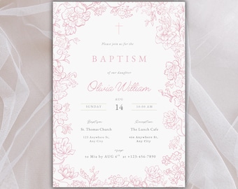 Girl Toile de jouy Baptism Invitation Template, Editable Floral Baptism Invite, Girl Pink Vintage Baptism Invite, Christening Invitation