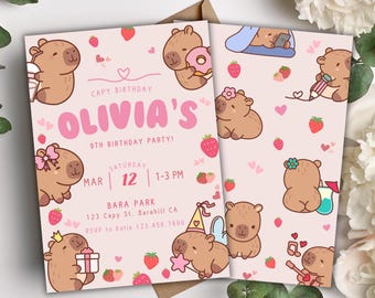 Editable Capybara Birthday Invite Pink Capybara Birthday Invitation Template Birthday Party Invitation for Girl,  Thank you Tag  invitation
