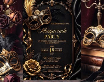 Masquerade Party Invitation Template, Editable Black and Gold Masquerade Invite, Elegant Venetian Mask Gala Invite (Digital Download, Canva)