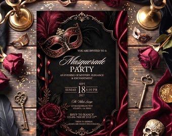 Burgundy Masquerade Party Invitation Template, Editable Elegant Venetian Mask Gala Invite (Digital Download, Canva)
