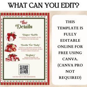 May include: A digital baby shower invitation template with a red and green border, featuring illustrations of gifts, a teddy bear, and baby shoes. The text includes 'The Details', 'Diaper Raffle', 'Books For Baby', 'Registry', and a QR code for scanning.