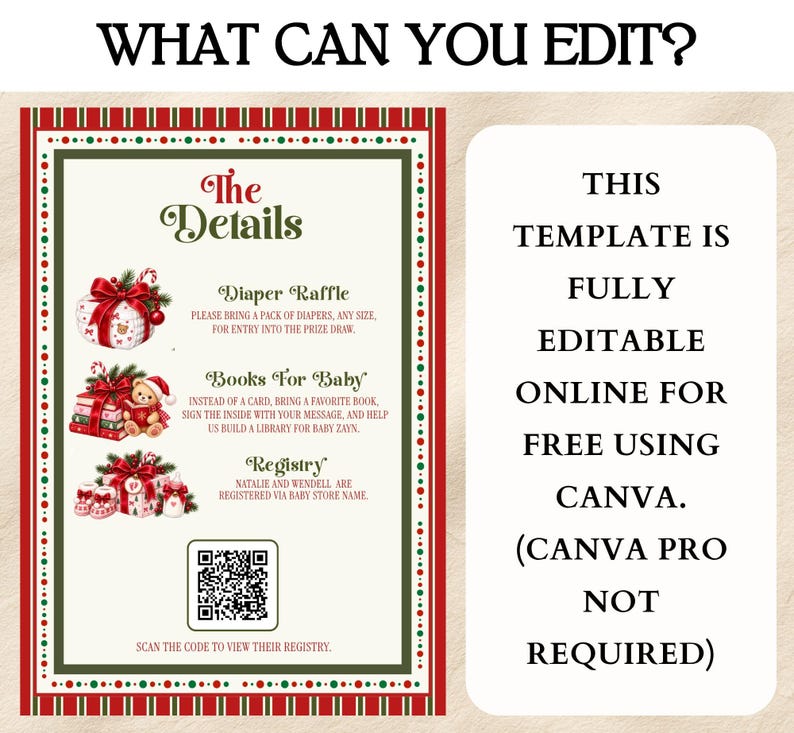 May include: A digital baby shower invitation template with a red and green border, featuring illustrations of gifts, a teddy bear, and baby shoes. The text includes 'The Details', 'Diaper Raffle', 'Books For Baby', 'Registry', and a QR code for scanning.