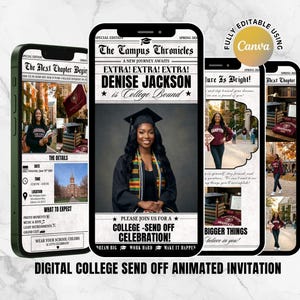 Digital College Send Off Invitation Template, Animated Newspaper Invite, College Bound Grad Party Invite, Editable Canva Video Evite