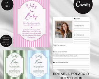 May include: A set of 5x7 inch editable Polaroid guest book cards featuring a striped border in pink, green, or blue. The cards include a space for a photo and prompts such as My Name Is, I Know You Because, My Wish For You Is, and A Life Lesson Worth Knowing.
