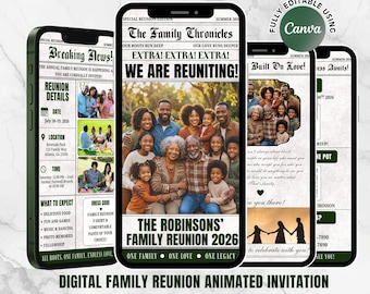 Digital Family Reunion Invitation, Editable Animated Newspaper Theme, Family Gathering Announcement Mobile Video Evite (Canva Template)