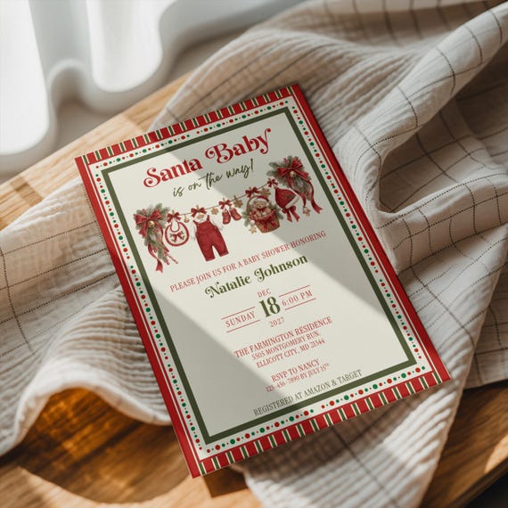 Santa Baby Boy Shower Invitation, Editable Vintage Christmas Shower Invite, Winter Red Stripe Theme (Digital Download, Canva Template)