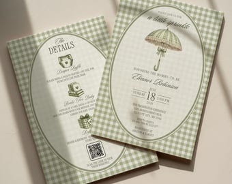 Plantilla de invitación para baby shower, editable, unisex, en color verde salvia con estampado de cuadros vichy, descarga digital con temática de paraguas en Canva.