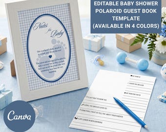 May include: A white picture frame containing a blue and white gingham sign with the text Notes for Baby and instructions for a Polaroid guest book. Beside it lies a white card with lines for guest messages and a blue pen on a light blue surface.