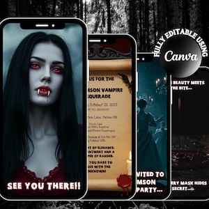 May include: A digital template set for a vampire-themed masquerade party displayed on four smartphone screens. The screens feature a pale individual with red eyes and fangs, a parchment-style invitation, a ballroom scene, and a dark liquid graphic.