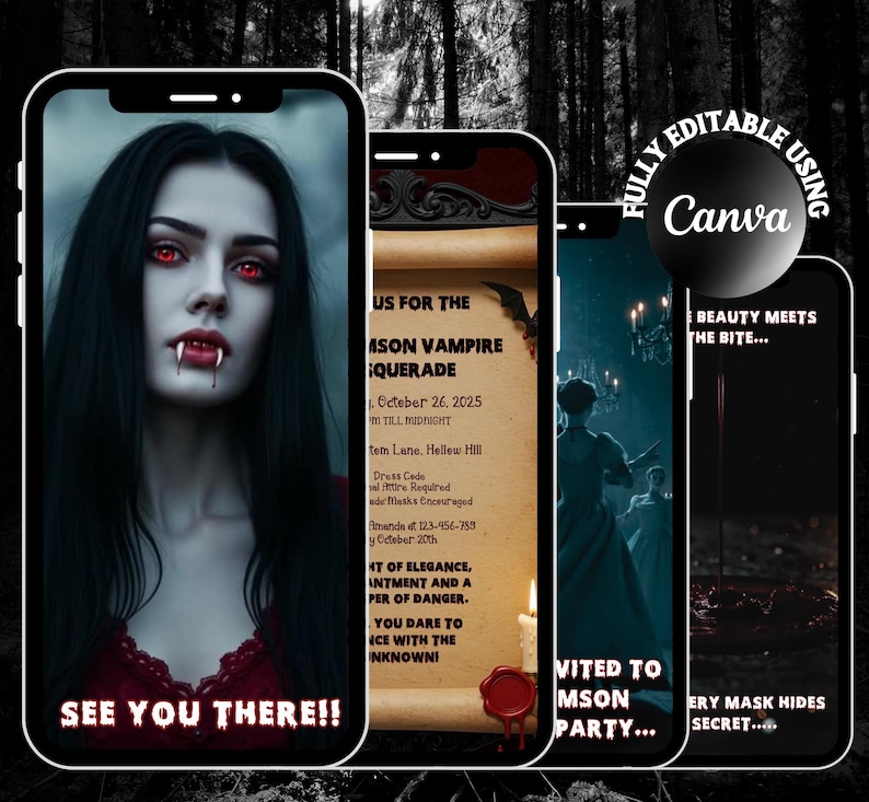 May include: A digital template set for a vampire-themed masquerade party displayed on four smartphone screens. The screens feature a pale individual with red eyes and fangs, a parchment-style invitation, a ballroom scene, and a dark liquid graphic.