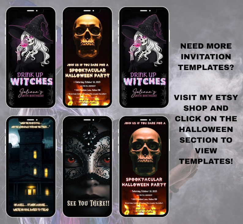 Digital Vampire Halloween Invitation, Editable Animated Halloween Party Evite, Gothic Halloween Mobile Invite, Canva Template image 7