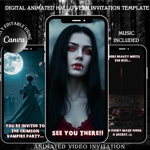 Digital Vampire Halloween Invitation, Editable Animated Halloween Party Evite, Gothic Halloween Mobile Invite, Canva Template image 1