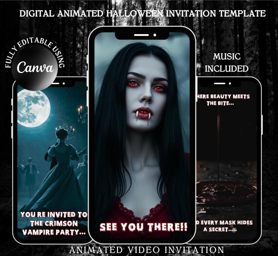 Digital Vampire Halloween Invitation, Editable Animated Halloween Party Evite, Gothic Halloween Mobile Invite, Canva Template