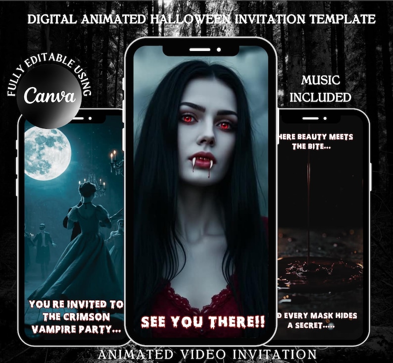 Digital Vampire Halloween Invitation, Editable Animated Halloween Party Evite, Gothic Halloween Mobile Invite, Canva Template image 1