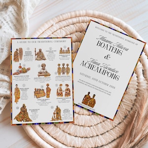 May include: Two rectangular wedding programme cards with white backgrounds and colourful patterned borders. One card details an eleven-step traditional ceremony guide with illustrations, while the other displays the names Maame Adwoa Boateng and Nana Kwadwo Acheampong, the date 20th October 2026, and the hashtag #MLOVEAFFAIR2026.