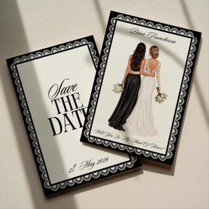 May include: Two rectangular cards with black lace-patterned borders. One card reads Save The Date 25th May 2026. The other features an illustration of two figures in formal gowns, one black and one white, with the text Dear Franchesca Will You Be My Maid Of Honor?