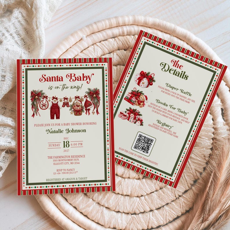 May include: Two rectangular baby shower invitation cards with a cream background, red and green borders, and festive illustrations. The text reads Santa Baby is on the way, honoring Natalie Johnson, and includes event details, a QR code, and registry info.