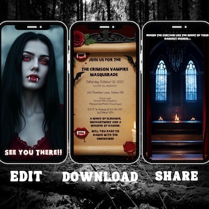 May include: Three smartphone screens displaying a digital vampire-themed invitation. The left shows a person with red eyes and fangs, the center a parchment invitation for a Crimson Vampire Masquerade, and the right a dark gothic room.