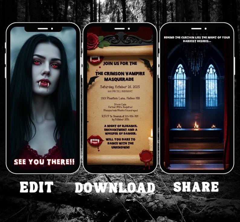 May include: Three smartphone screens displaying a digital vampire-themed invitation. The left shows a person with red eyes and fangs, the center a parchment invitation for a Crimson Vampire Masquerade, and the right a dark gothic room.