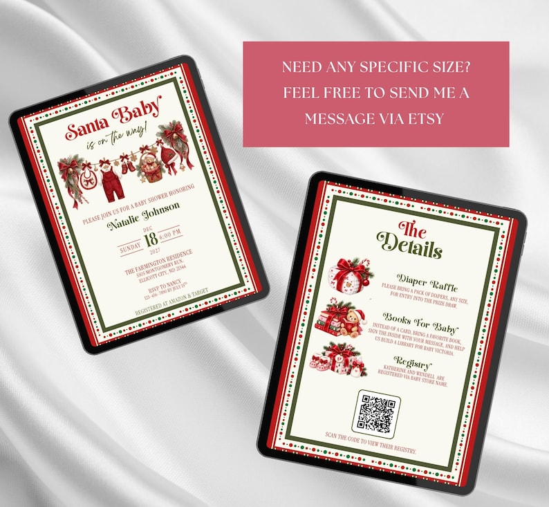 May include: Two digital baby shower invitation cards with a Christmas theme, featuring red and green borders, festive illustrations of baby clothes and gifts, and text including Santa Baby is on the way and The Details with a QR code.